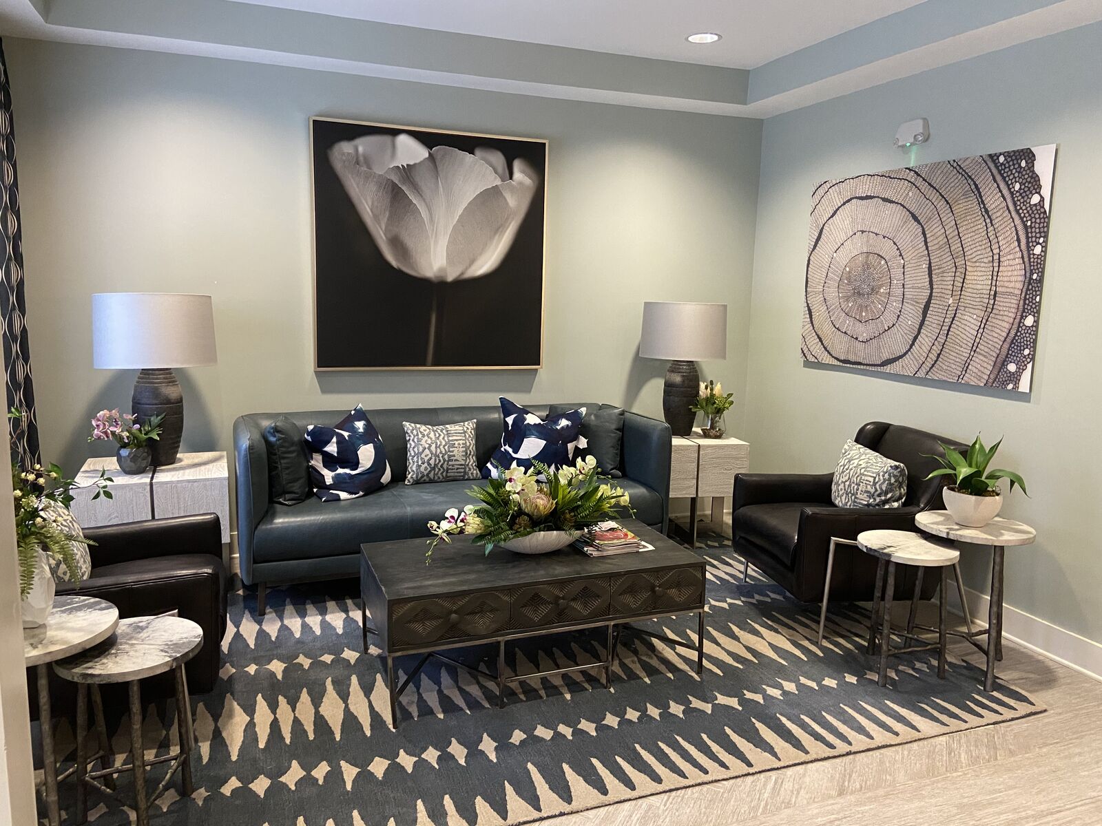 Resident lounge with leather sofas, area rug and framed artwork