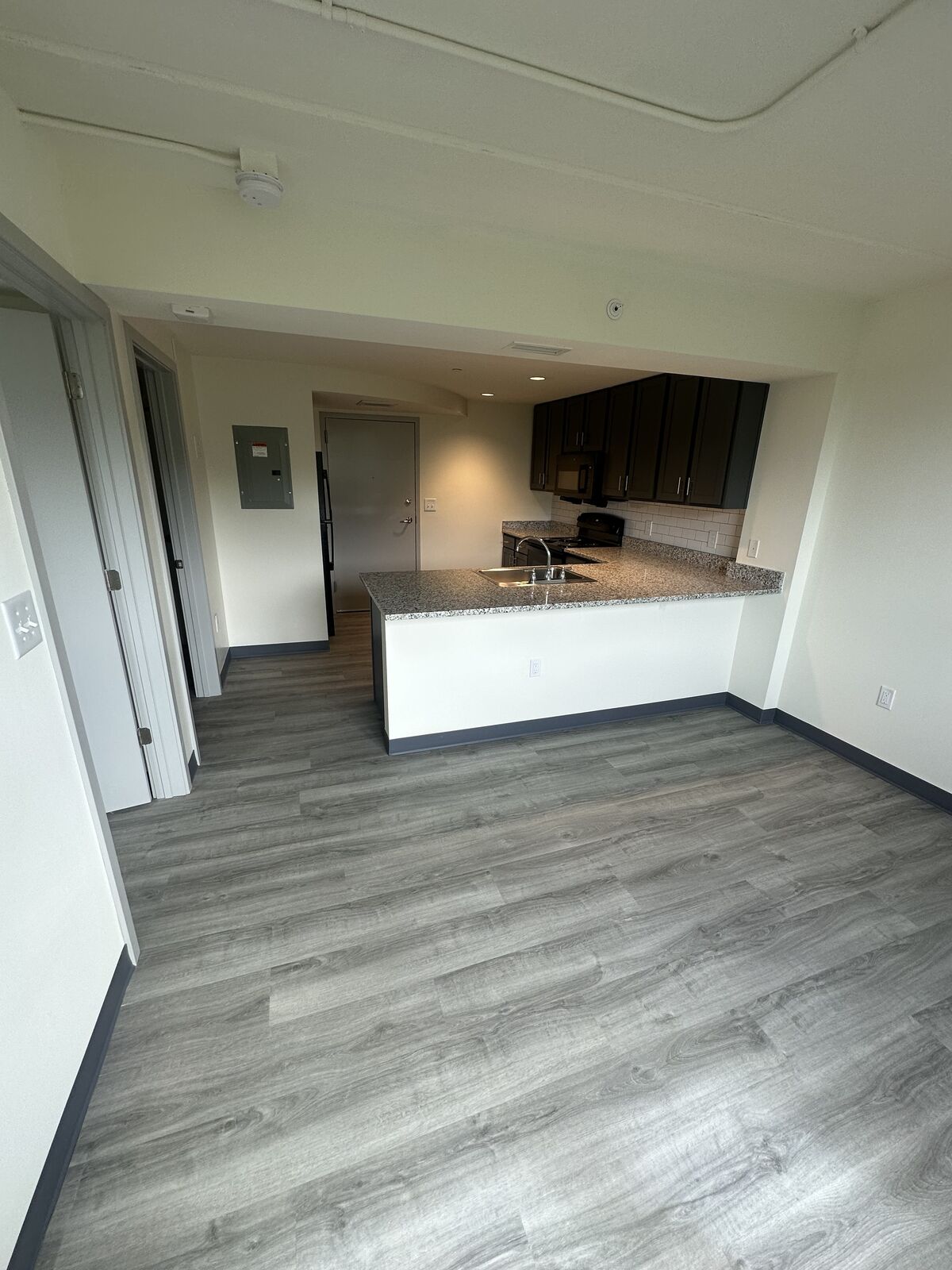 Empty renovated apartment with new flooring and kitchen